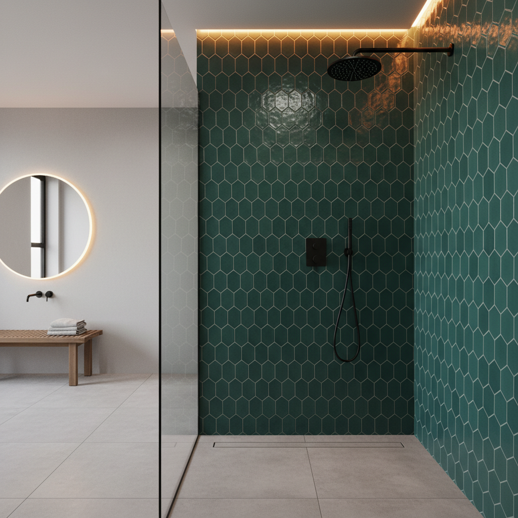 Fragment nowoczesnej łazienki z prysznicem typu walk-in. Ściana pod prysznicem wyłożona jest płytkami w intensywnym kolorze fali morskiej (teal) o ciekawej, geometrycznej fakturze. Czarna, matowa armatura i szklana ściana prysznicowa dodają elegancji. Delikatne, ciepłe oświetlenie LED podkreśla głębię koloru.