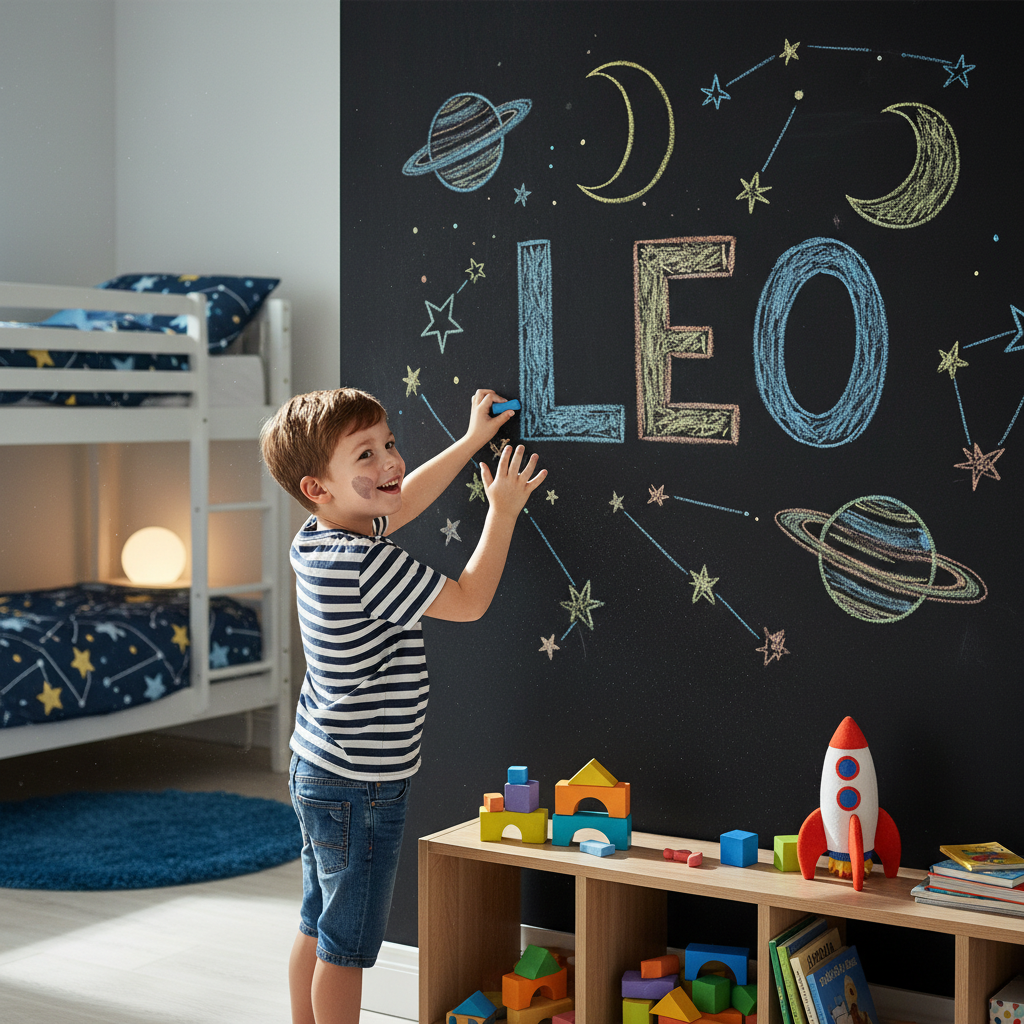 Fragment pokoju dziecięcego, gdzie ściana pomalowana jest czarną farbą tablicową. Dziecko (ok. 6-7 lat) właśnie kończy pisać swoje imię 'LEO' kolorową kredą. Wokół imienia narysowane są planety i gwiazdy. Scena jest dynamiczna, pełna radości i kreatywności. Widoczne są inne zabawki i meble w tle.