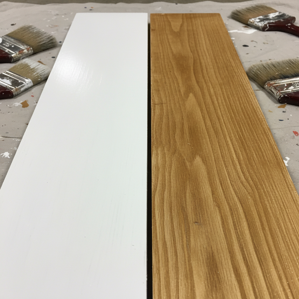 Kompozycja przedstawiająca dwie drewniane deski tego samego gatunku, ułożone obok siebie. Lewa deska jest pomalowana jednolitą, satynową, białą farbą kryjącą, która całkowicie zakrywa usłojenie. Prawa deska jest pokryta transparentną lazurową farbą w odcieniu złotego dębu, która pięknie podkreśla każdy szczegół naturalnego usłojenia drewna. W tle leżą pędzle malarskie.