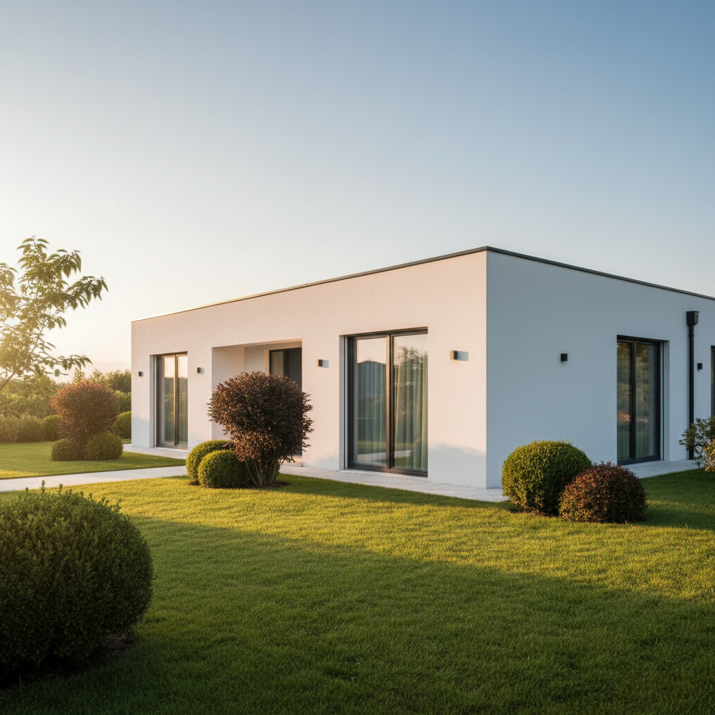 Nowoczesny, minimalistyczny dom jednorodzinny ze świeżo wykonaną, białą elewacją. Budynek jest skąpany w ciepłym świetle popołudniowego słońca, co podkreśla gładką fakturę tynku. Wokół domu widać zadbany ogród z zieloną trawą i kilkoma ozdobnymi krzewami, co tworzy wrażenie komfortu i estetyki.