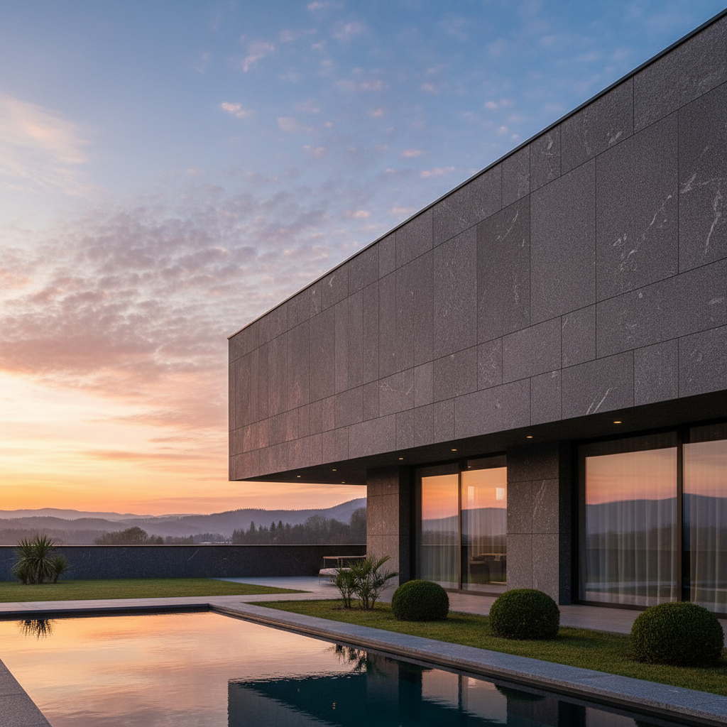 Szerokie ujęcie nowoczesnego, minimalistycznego domu jednorodzinnego o zachodzie słońca. Główną cechą jest imponująca fasada wykonana z dużych, idealnie dopasowanych płyt z naturalnego, ciemnoszarego kamienia, np. granitu. Połączenia między płytami są niewidoczne, co podkreśla elegancję i solidność konstrukcji. Ciepłe światło oświetla teksturę kamienia.