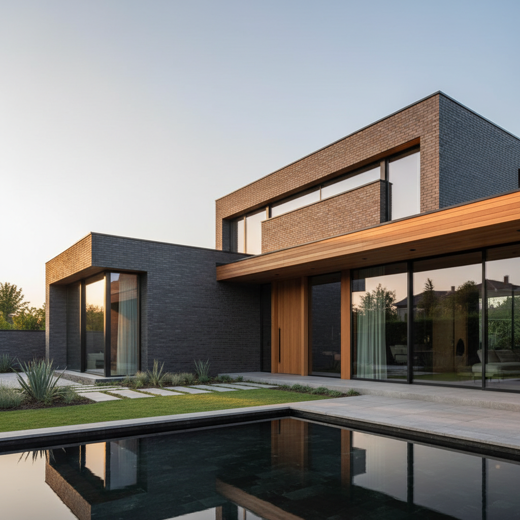Szerokie ujęcie nowoczesnego, minimalistycznego domu o prostej, geometrycznej bryle. Elewacja wykonana jest z eleganckiej, grafitowej cegły klinkierowej w formacie LDF, która pięknie komponuje się z dużymi, panoramicznymi oknami i elementami z ciepłego, naturalnego drewna. Dom otoczony jest zadbanym ogrodem, a całość skąpana jest w miękkim świetle zachodzącego słońca, co podkreśla prestiż i jakość wykończenia.