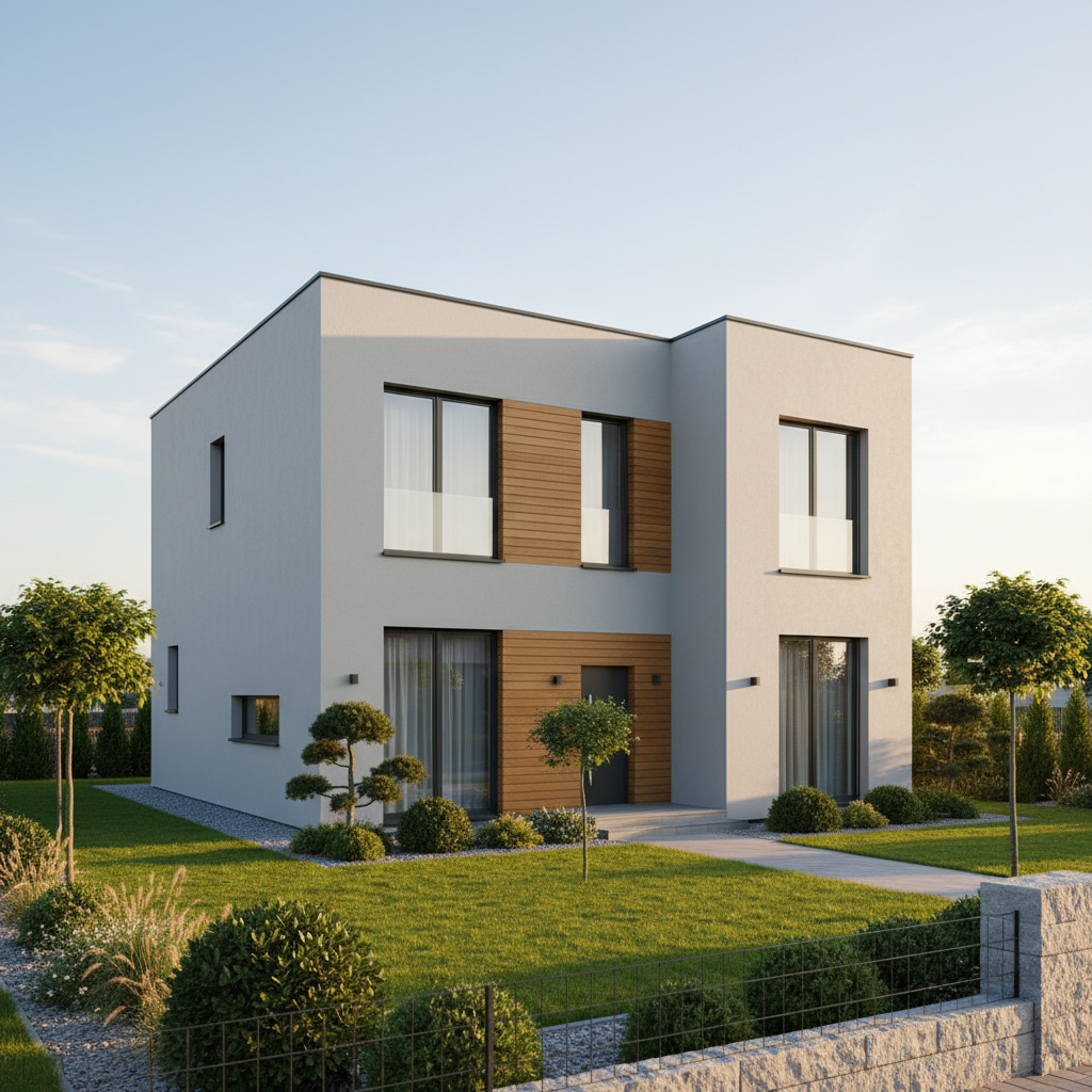 Nowoczesny, dwupiętrowy dom jednorodzinny ze świeżo odmalowaną, jasnoszarą elewacją. Elewacja jest idealnie gładka, bez pęknięć i zabrudzeń. Część fasady jest wykończona drewnianymi panelami, co dodaje ciepła. Wokół domu zadbany ogród z zielonym trawnikiem i kilkoma ozdobnymi krzewami. Scena skąpana w ciepłym, popołudniowym słońcu, co podkreśla czystość i estetykę budynku.