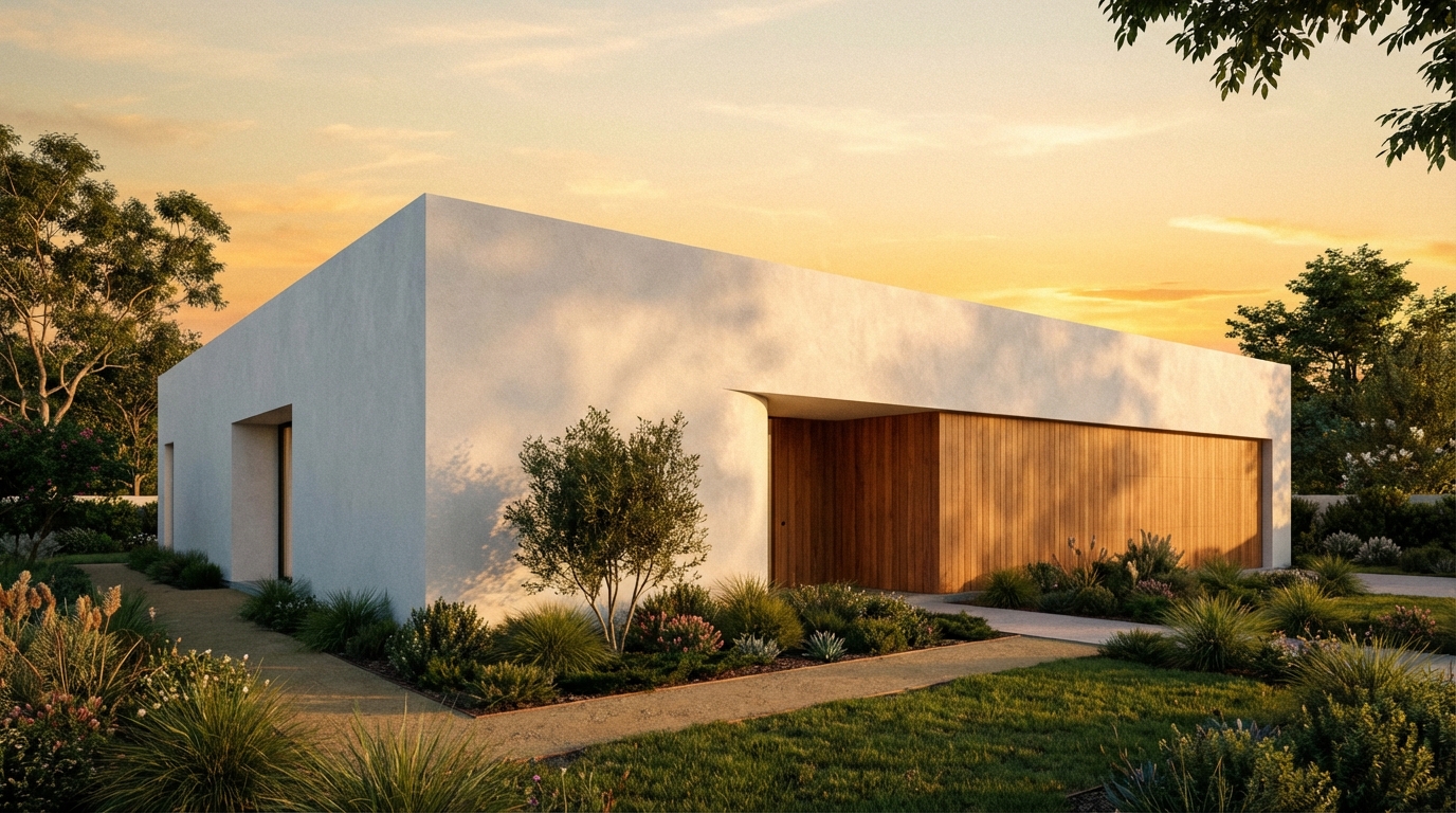 Szerokie ujęcie nowoczesnego domu jednorodzinnego o prostej bryle, z idealnie gładką, białą elewacją, częściowo wykończoną drewnianymi panelami. Dom otoczony jest zadbanym ogrodem, a popołudniowe słońce rzuca ciepłe, miękkie światło, podkreślając teksturę tynku i czystość formy.