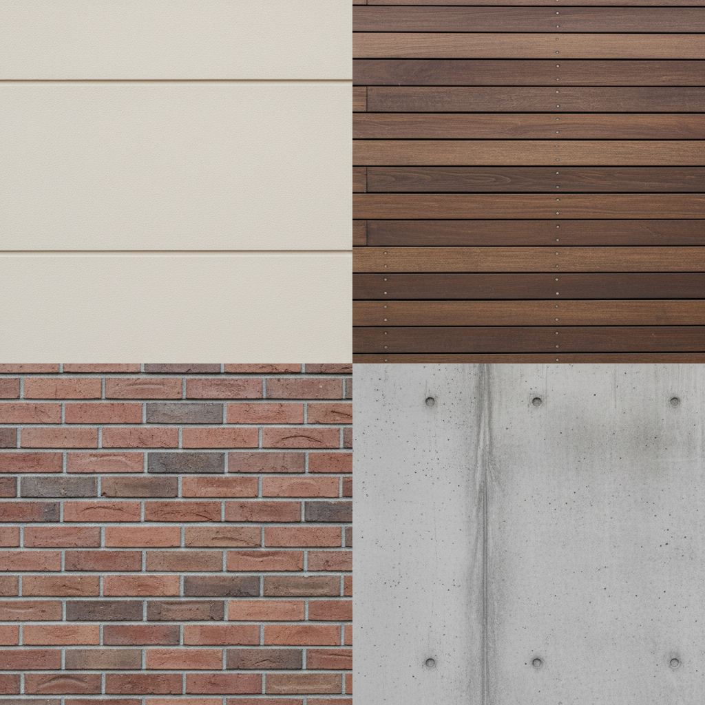 Kolaż czterech różnych, estetycznych fragmentów nowoczesnych elewacji. Jedna z jasnego tynku, druga z ciemnego drewna, trzecia z cegły klinkierowej, a czwarta z betonu architektonicznego. Zdjęcia połączone są w harmonijną, minimalistyczną kompozycję, która odzwierciedla różnorodność i piękno współczesnej architektury.