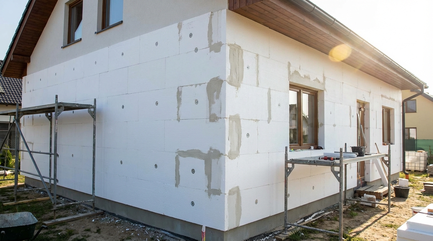 Nowo ocieplona ściana domu jednorodzinnego pokryta białymi płytami styropianu.