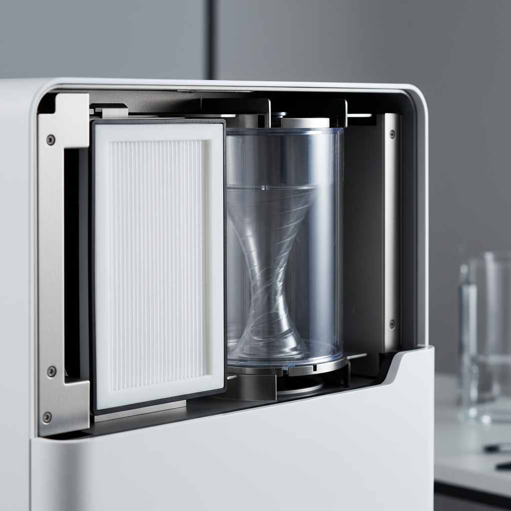 Zbliżenie na czysty, nowoczesny filtr HEPA i separator cykloniczny wewnątrz otwartej jednostki centralnej. Stalowe i białe elementy kontrastują ze sobą, tworząc estetyczny, niemal laboratoryjny obraz. Delikatne oświetlenie studyjne podkreśla precyzję wykonania i technologiczną czystość komponentów.