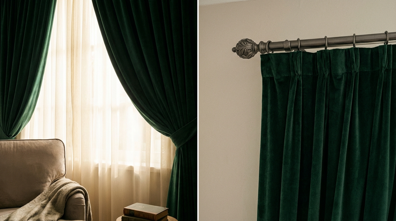 Elegancko udekorowane okno z bliska. Na grafitowym karniszu wiszą ciężkie, welurowe zasłony w kolorze butelkowej zieleni, pięknie udrapowane. Widać detal ozdobnego zakończenia karnisza. Przez okno wpada miękkie, poranne światło, tworząc przytulną atmosferę w sypialni.