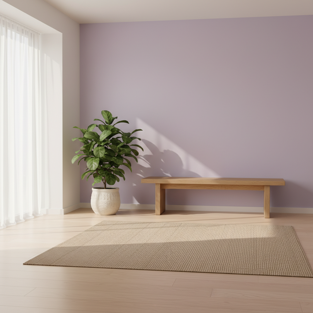 Nowoczesny, jasny salon z jedną ścianą pomalowaną na kolor pastelowego, lawendowego fioletu. Pod ścianą stoi minimalistyczna, drewniana konsola, na której znajduje się duża, zielona roślina doniczkowa w ceramicznej osłonce. Na podłodze leży dywan o naturalnej fakturze. Wnętrze jest spokojne, harmonijne i wypełnione światłem.