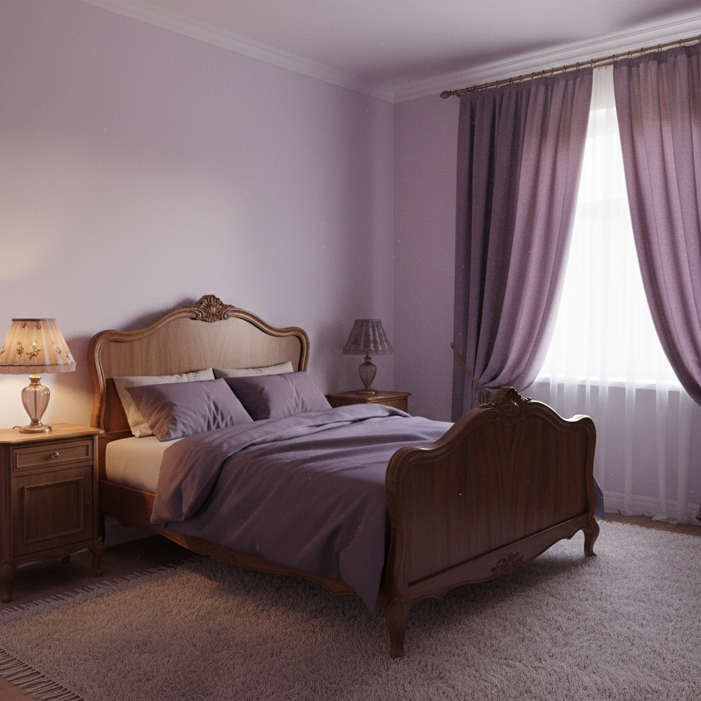 Nastrojowa sypialnia w stylu vintage, ściany w kolorze jasnego, pudrowego fioletu. Stoi przy niej duże łóżko z ramą z ciemnego, polerowanego drewna. Na łóżku pościel w głębszym odcieniu fioletu. Obok łóżka stoi klasyczna lampka nocna z abażurem, dająca ciepłe, miękkie światło. W oknie wiszą ciężkie, lejące się zasłony. Styl fotorealistyczny, nastrojowe oświetlenie.