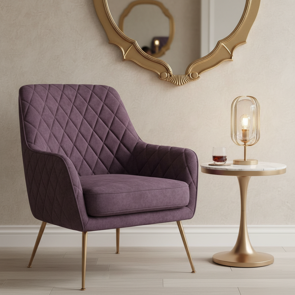 Elegancki, pikowany fotel w stylu glamour, obity aksamitem w głębokim, śliwkowym fiolecie. Fotel stoi na smukłych, złotych nóżkach, obok niego znajduje się mały, marmurowy stoliczek ze złotą podstawą, na którym stoi szklanka z napojem i stylowa lampka. W tle widać fragment ściany z ozdobnym lustrem w złotej ramie.