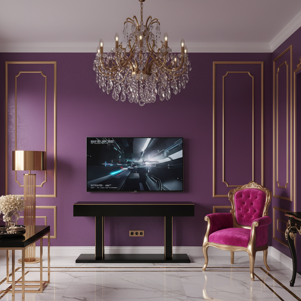 Elegancki salon w stylu Barok cyfrowy. Jedna ściana pomalowana na głęboki, nasycony fiolet z subtelnym perłowym połyskiem. Na jej tle stoi nowoczesna, minimalistyczna konsola z dużym telewizorem. Obok znajduje się fotel o barokowym kształcie, tapicerowany aksamitem w kolorze fuksji. Metaliczne, złote dodatki i kryształowy żyrandol dopełniają luksusowego charakteru wnętrza.
