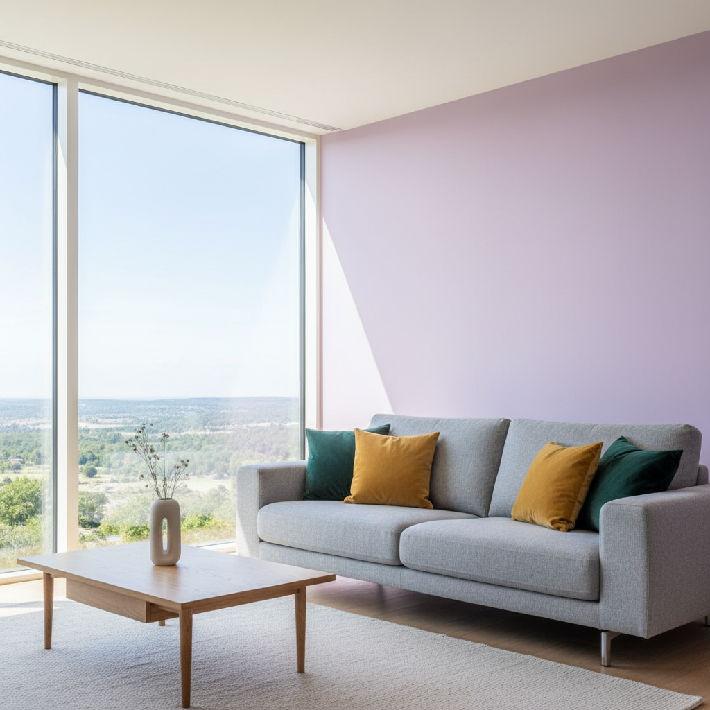 Jasny, przestronny salon z panoramicznym oknem. Jedna ściana pomalowana jest na elegancki, jasny odcień fioletu, co stanowi tło dla nowoczesnej, szarej kanapy z kilkoma aksamitnymi poduszkami w kolorze butelkowej zieleni i musztardowym. Obok sofy stoi stolik kawowy z jasnego drewna z minimalistycznym wazonem. Wnętrze jest skąpane w naturalnym świetle, co podkreśla świeżość i subtelność fioletowej barwy. Estetyka jest nowoczesna, czysta i inspirująca.