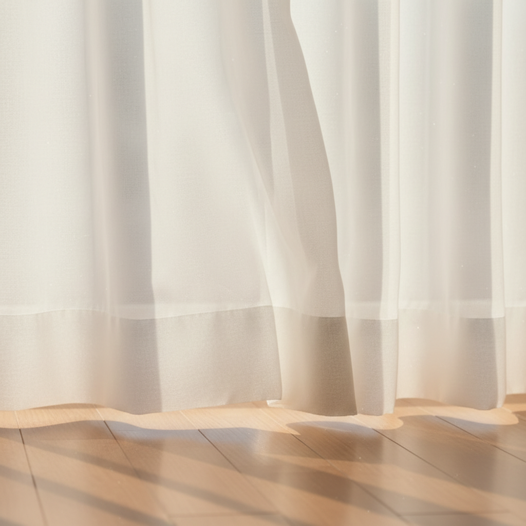 Zbliżenie na delikatną, białą firankę z woalu, poruszaną przez lekki powiew wiatru. Przez tkaninę przenika ciepłe, rozproszone światło słoneczne, tworząc na podłodze subtelne cienie.