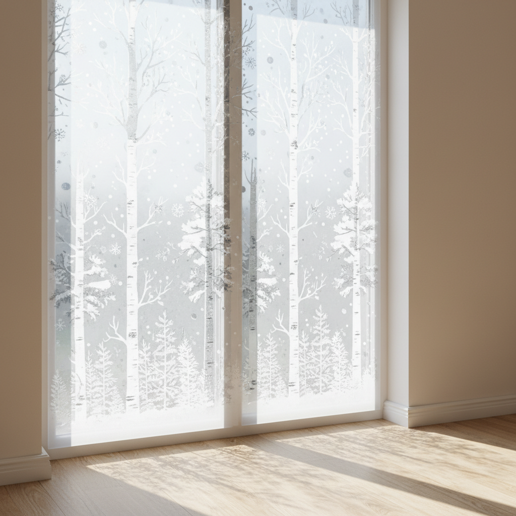 Elegancka, półprzezroczysta folia dekoracyjna na oknie z motywem zimowego lasu. Światło dzienne delikatnie przenika przez wzór, tworząc subtelny i nastrojowy efekt w pomieszczeniu.
