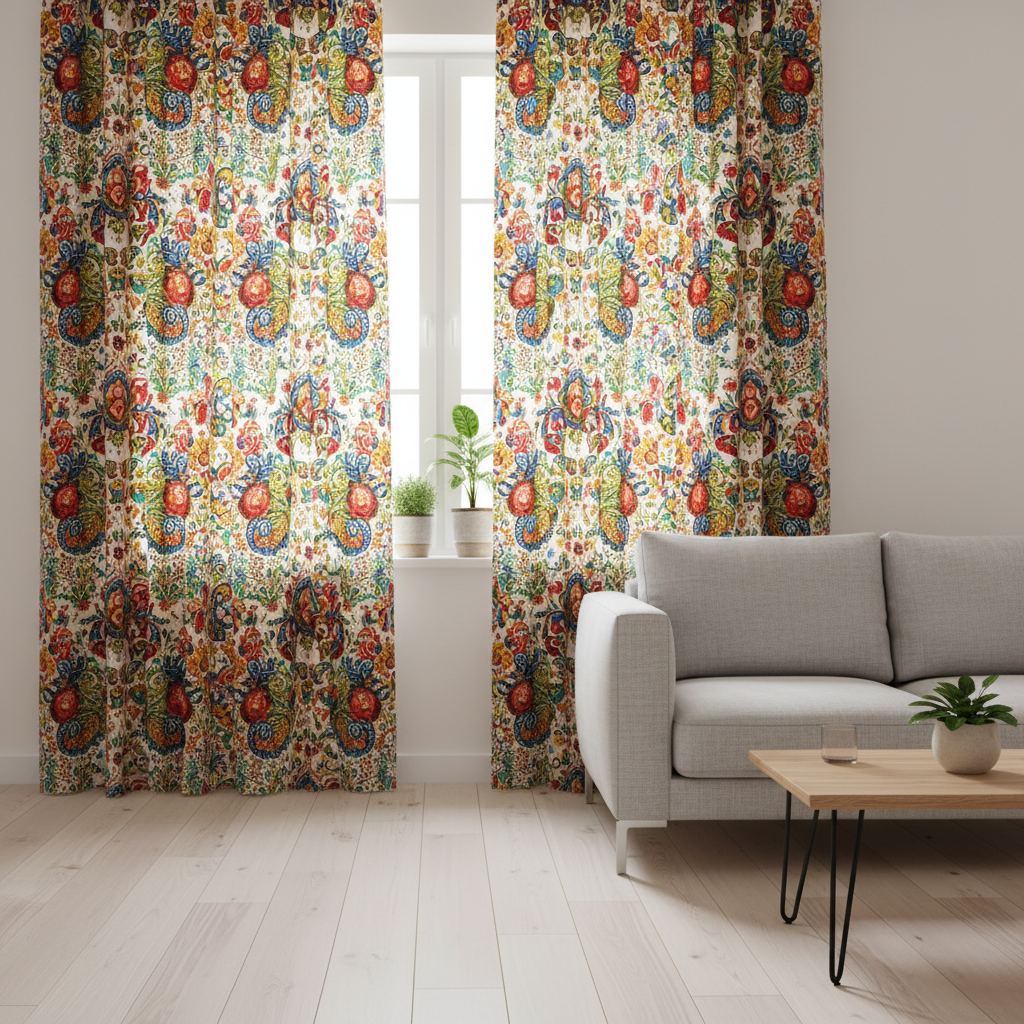 Jasny, nowoczesny salon z oknem, na którym wiszą zasłony z bogatym, kolorowym, ludowym wzorem kwiatowym. Światło słoneczne delikatnie prześwieca przez tkaninę, podkreślając jej barwy. W tle widać minimalistyczną sofę i prosty stolik kawowy.
