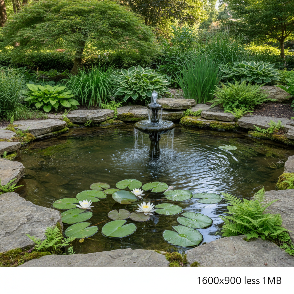 Niewielka, elegancka fontanna lub kaskada w oczku wodnym, tworząca delikatne strumienie wody. Wokół fontanny pływają liście lilii wodnych, a woda jest przejrzysta. Otoczenie jest zielone i spokojne, z kamieniami na brzegu.