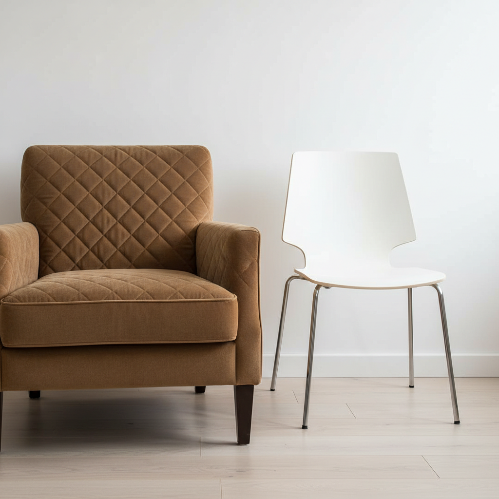 Zbliżenie na elegancki fotel z pikowanym, brązowym welurowym obiciem, stojący obok minimalistycznego, białego krzesła w nowoczesnym salonie. W tle widać fragment białej ściany i drewnianą podłogę. Delikatne, rozproszone światło.