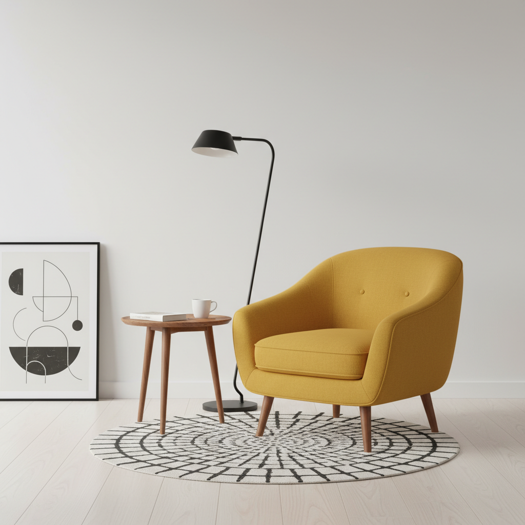 Stylowy kącik wypoczynkowy w minimalistycznym, białym salonie. Centralnym punktem jest musztardowy fotel w stylu retro z lat 60. Obok niego stoi mały, drewniany stolik kawowy i nowoczesna, czarna lampa podłogowa. Na jednolitej, jasnej podłodze leży okrągły dywan w geometryczne wzory. W tle widać fragment białej ściany z prostą grafiką.