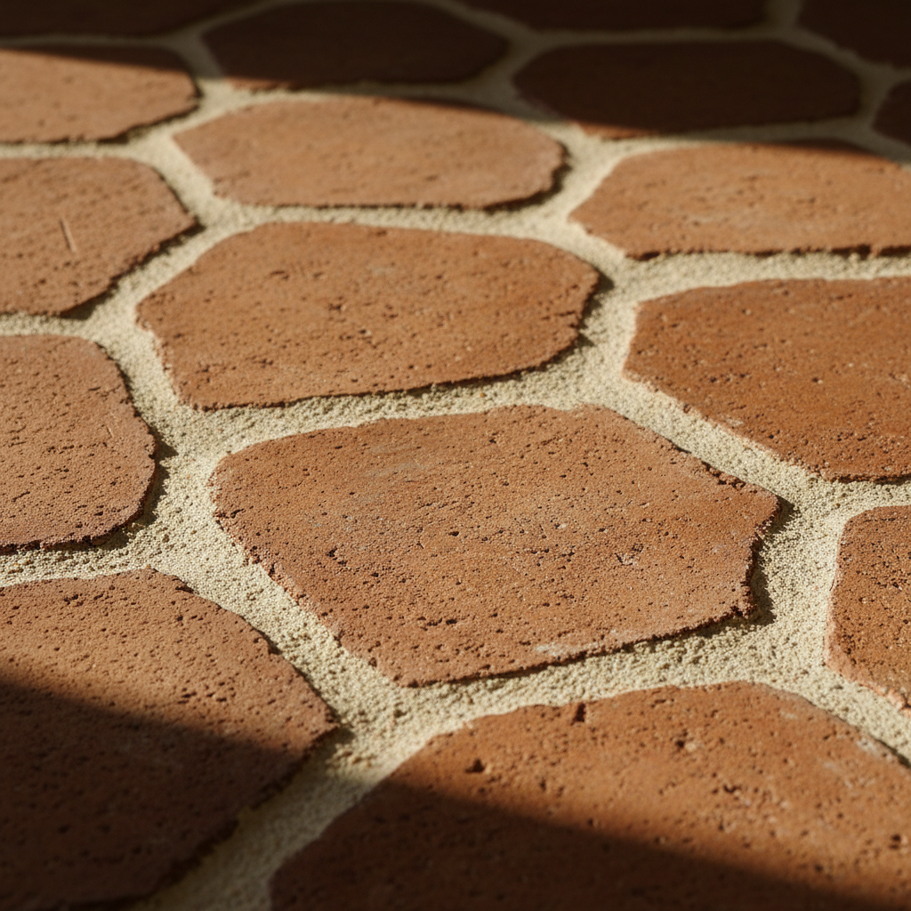 Zbliżenie na fragment podłogi wyłożonej ręcznie formowanymi płytkami z terakoty w ciepłym, ceglastym odcieniu. Pomiędzy płytkami widoczna jest szeroka, jasnobeżowa fuga o lekko nieregularnej fakturze, która podkreśla rzemieślniczy charakter płytek. Światło pada z boku, wydobywając teksturę zarówno płytek, jak i spoiny.