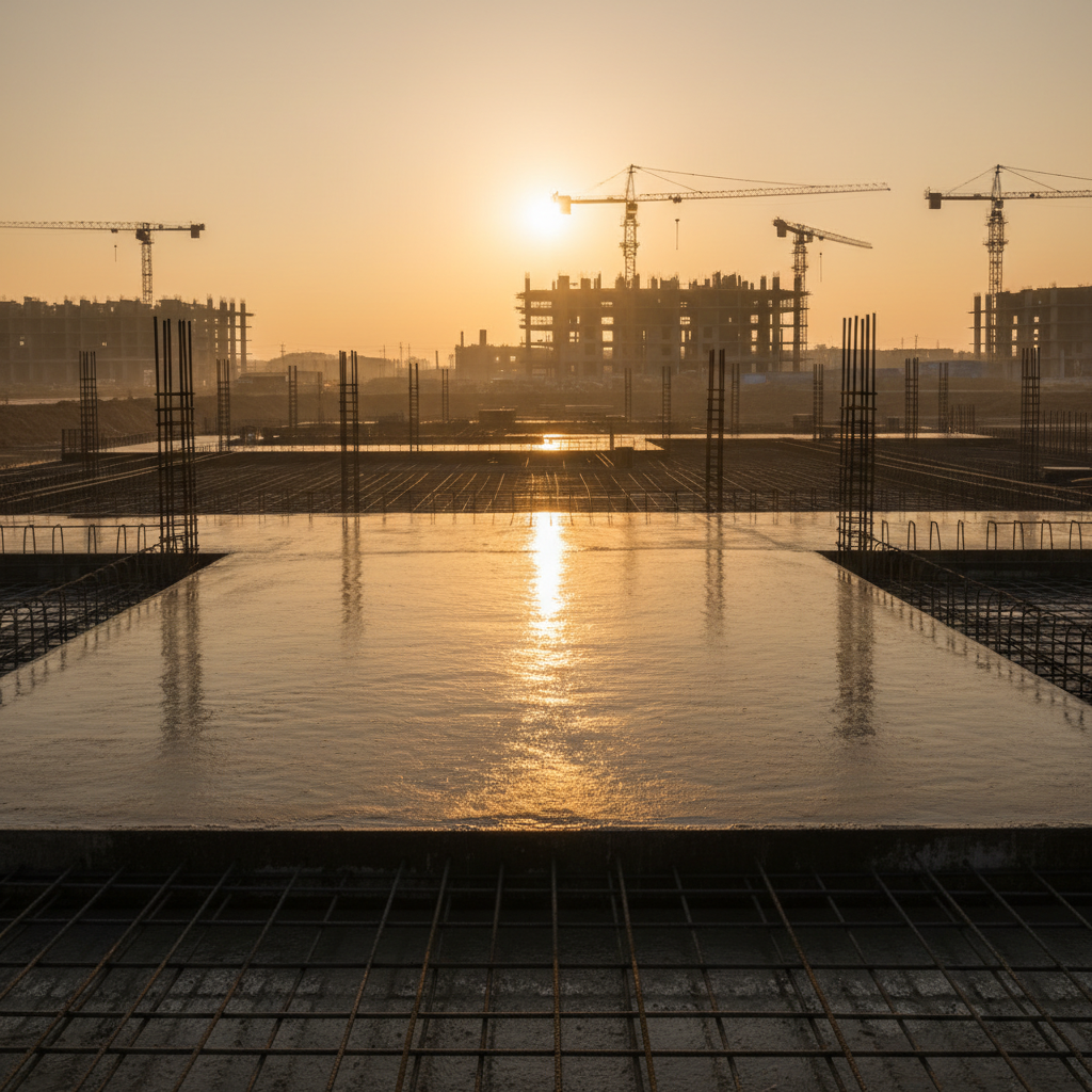 Dynamiczny, szerokokątny widok na plac budowy o wschodzie słońca. W centralnym punkcie znajduje się świeżo wylany, gładki fundament z betonu, z którego wystają stalowe pręty zbrojeniowe. W tle widać sylwetki dźwigów i powstającej konstrukcji. Ciepłe światło poranka odbija się od mokrej powierzchni betonu, symbolizując początek i solidność.