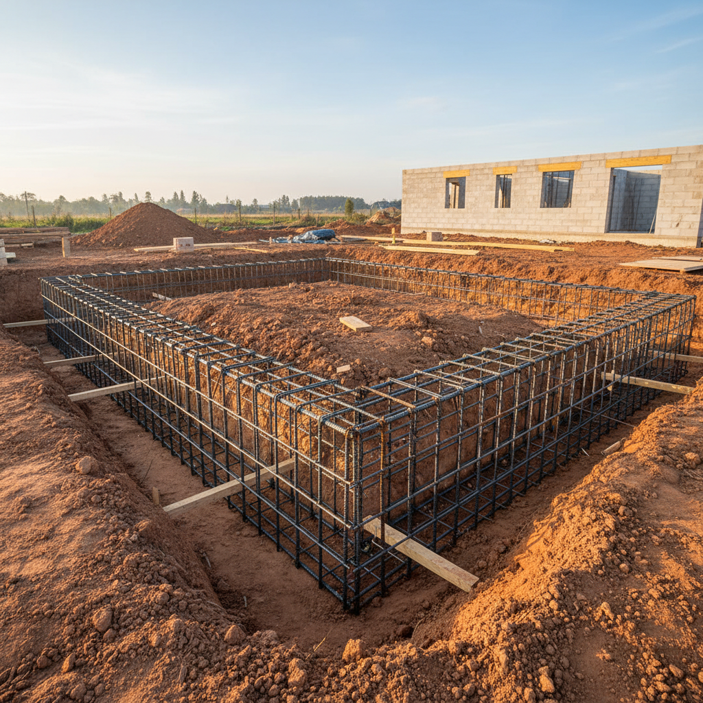 Szerokie ujęcie profesjonalnie przygotowanego wykopu fundamentowego z widocznym zbrojeniem, gotowego do zalania betonem. Poranne, czyste światło podkreśla precyzję wykonania. W tle widać fragment nowo budowanego domu.