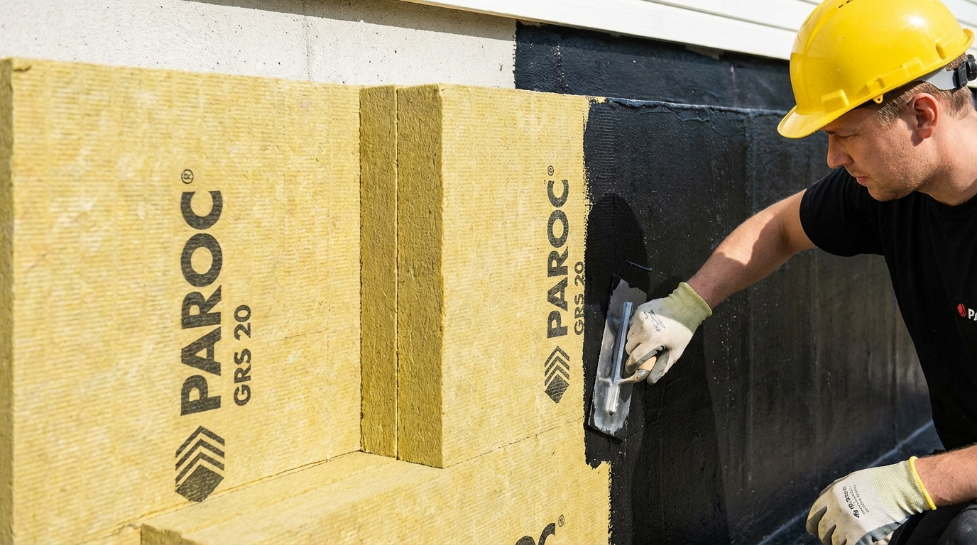 Zbliżenie na fragment ściany fundamentowej podczas prac remontowych. Widać starannie ułożone, sztywne, żółte płyty z wełny kamiennej PAROC GRS 20. Obok pracownik w kasku wygładza czarną masę hydroizolacyjną. Całość wygląda profesjonalnie i czysto, sugerując wysoką jakość wykonania.