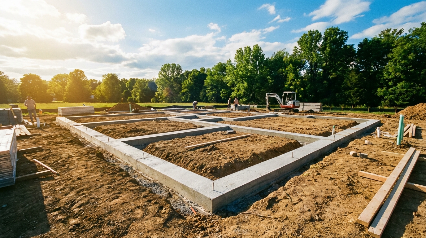 Szerokie ujęcie placu budowy w słoneczny dzień, pokazujące idealnie przygotowane i zabetonowane ławy fundamentowe nowego domu jednorodzinnego. W tle widać zarys błękitnego nieba i zieleń. Obraz symbolizuje solidny początek i realizację marzeń o własnym domu.