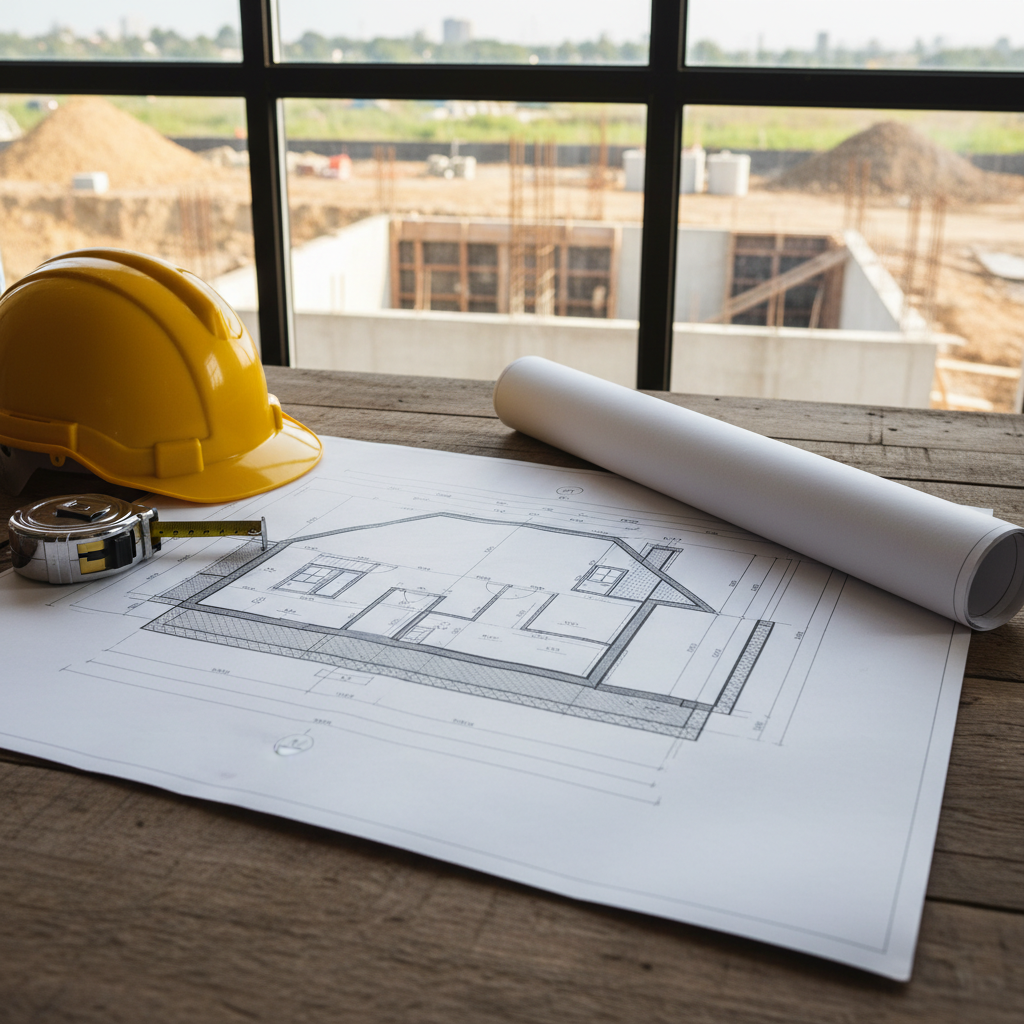 Zdjęcie przedstawiające rozłożony na drewnianym stole projekt budowlany domu. Na projekcie widać przekrój fundamentów. Obok leży kask inżynierski i miarka. W tle, przez okno, widać plac budowy w początkowej fazie, co symbolizuje połączenie planowania z realizacją.