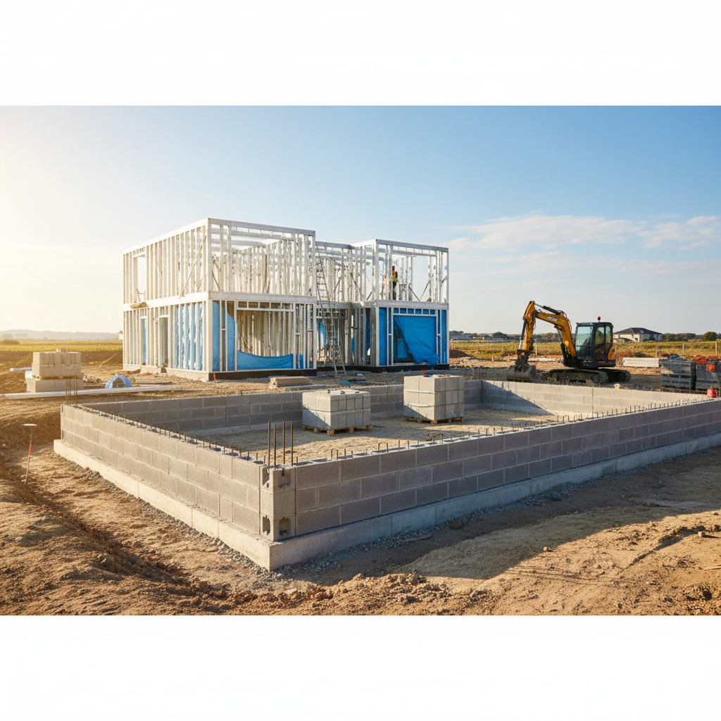 Czyste, jasne ujęcie placu budowy, na którym widać częściowo zbudowaną ścianę fundamentową z szarych, betonowych pustaków szalunkowych. Świeci słońce, plac jest uporządkowany, a w tle widać początkowe etapy budowy nowoczesnego domu. Zdjęcie ma przekazywać poczucie postępu, wydajności i nowoczesnych technik budowlanych.