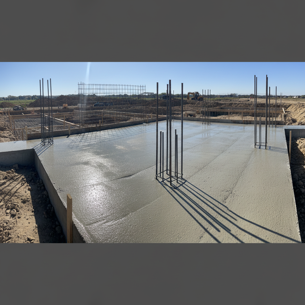 Szeroki kadr ukazujący świeżo wylane ławy fundamentowe na placu budowy. Beton jest jeszcze wilgotny, a zbrojenie wystaje w miejscach, gdzie powstaną ściany. W tle widać ławy drutowe otaczające wykop, co pokazuje ciągłość procesu od wytyczenia do realizacji. Scena uchwycona w słoneczny dzień, symbolizująca postęp i solidne podstawy przyszłego domu.