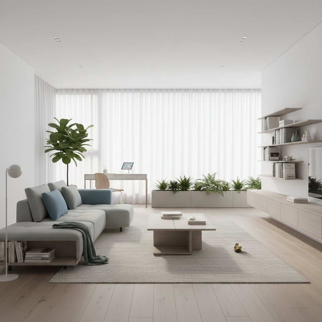 Jasny i przestronny, nowocześnie urządzony salon z dużymi oknami wpuszczającymi naturalne światło. Wnętrze jest zaaranżowane przy użyciu jasnych kolorów i wielofunkcyjnych mebli o lekkiej konstrukcji. W tle widać subtelnie wydzieloną strefę do pracy z minimalistycznym biurkiem, co podkreśla motyw inteligentnej optymalizacji przestrzeni. Całość ma charakter inspirujący, czysty i komfortowy, w stylu high-endowego magazynu wnętrzarskiego.