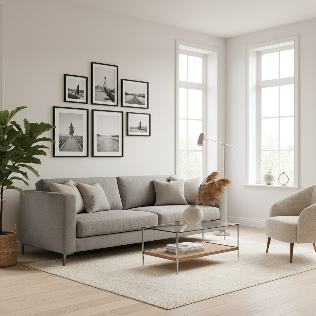 Stylowy, nowocześnie urządzony salon w jasnych kolorach. Na głównej ścianie za wygodną, szarą kanapą wisi pięknie zaaranżowana galeria składająca się z czarno-białych zdjęć w prostych, czarnych ramkach. Wnętrze jest dobrze oświetlone naturalnym światłem, co podkreśla estetykę i porządek. Obraz ma ciepły, domowy charakter.