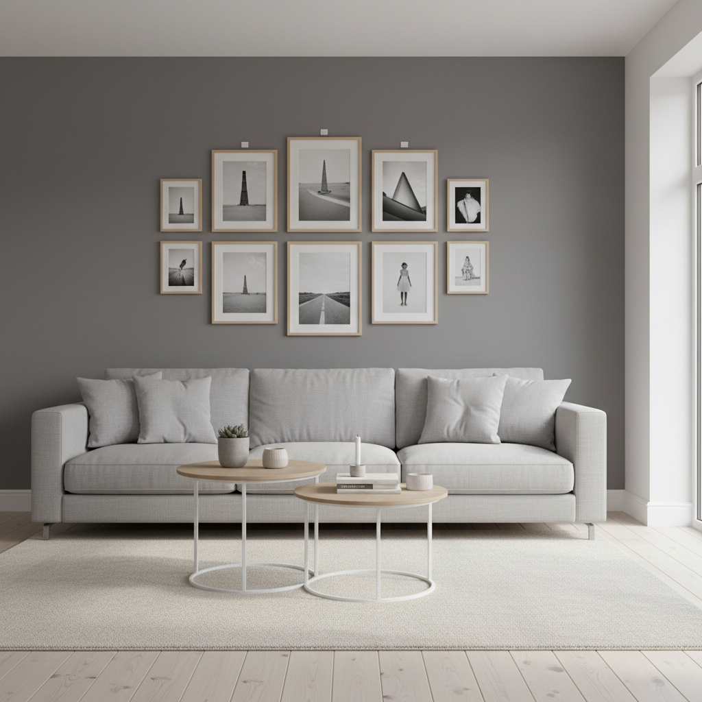 Jasny, nowoczesny salon w stylu skandynawskim. Na gładkiej, szarej ścianie nad wygodną sofą wisi perfekcyjnie zaaranżowana galeria czarno-białych zdjęć w prostych, drewnianych ramkach. Kompozycja jest idealnie wypoziomowana, a mocowania są niewidoczne, co podkreśla estetykę i dbałość o szczegóły.