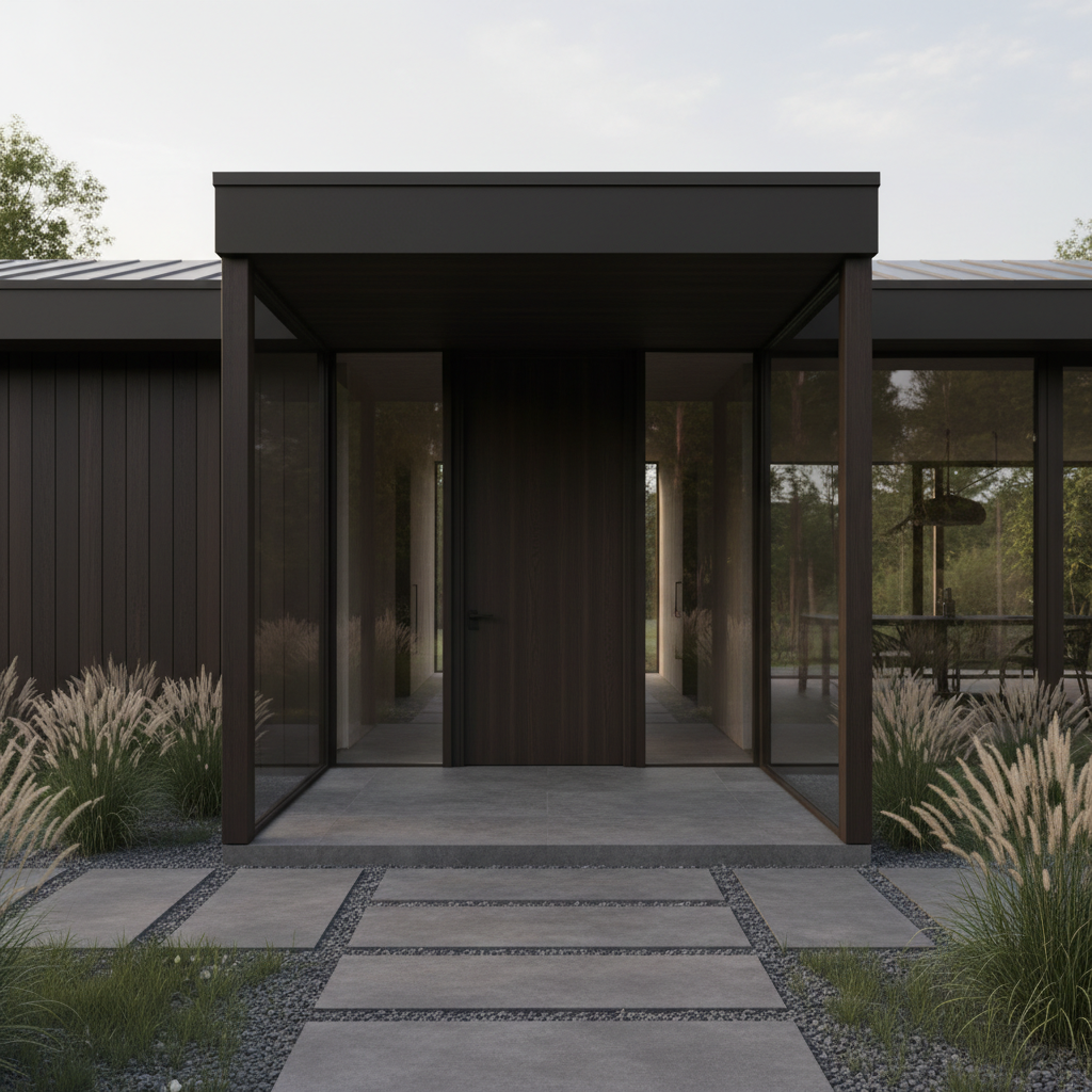 Ujęcie minimalistycznego, nowoczesnego ganku wykonanego z ciemnego drewna i szkła. Prosta, geometryczna bryła doskonale komponuje się z nowoczesnym domem o płaskim dachu. Duże przeszklenia otwierają ganek na otaczający go minimalistyczny ogród z trawami ozdobnymi i kamiennymi ścieżkami.