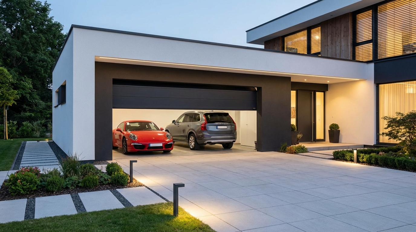 Elegancki, nowoczesny garaż wolnostojący na dwa samochody, z szeroką, pojedynczą bramą segmentową. Garaż jest idealnie wkomponowany w architekturę nowoczesnego domu. Przed garażem zaparkowane są dwa samochody - jeden sportowy, drugi rodzinny SUV, co pokazuje dużą przestronność wjazdu i samego garażu. Podjazd jest czysty i zadbany, a otoczenie tworzy wrażenie luksusu i funkcjonalności.