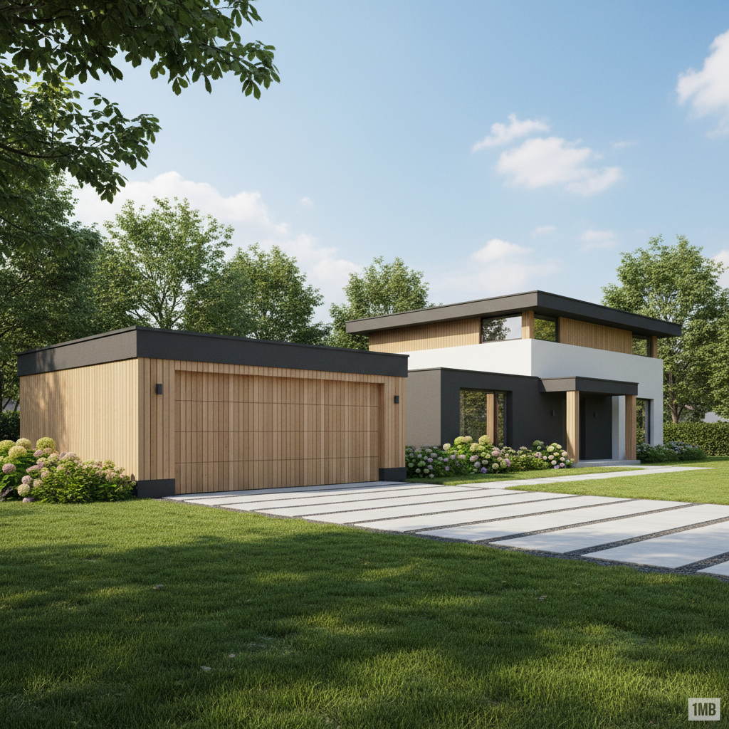 Nowoczesny, wolnostojący garaż z drewnianymi elementami, stojący obok stylowego domu jednorodzinnego. Słoneczny dzień, zadbany ogród, szerokie ujęcie pokazujące harmonię między budynkami.