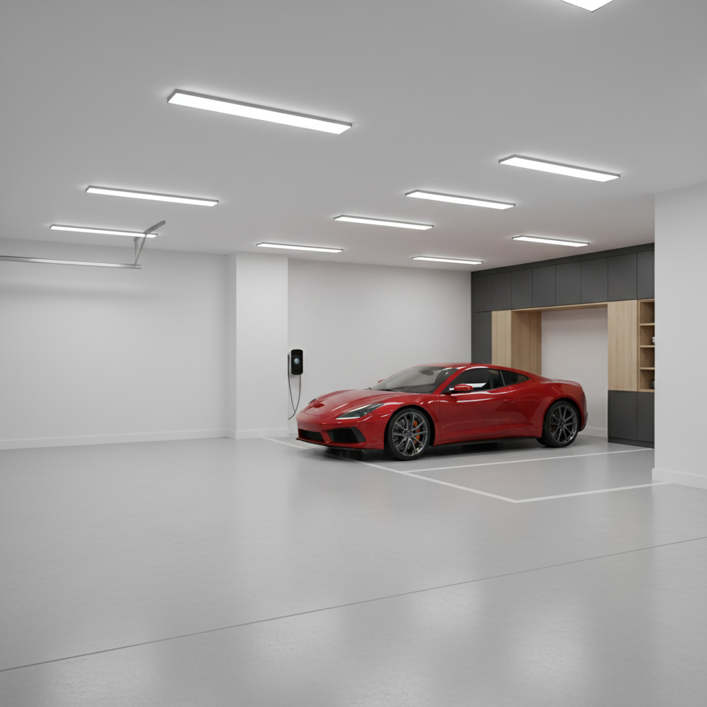Jasny, czysty, nowoczesny garaż na dwa samochody, z gładką, szarą posadzką epoksydową. Oświetlenie sufitowe składa się z eleganckich, długich paneli LED, które rzucają równomierne, neutralne światło na całą przestrzeń, eliminując cienie. Przy ścianie stoi nowoczesny, czerwony samochód sportowy, którego lakier lśni w świetle lamp.
