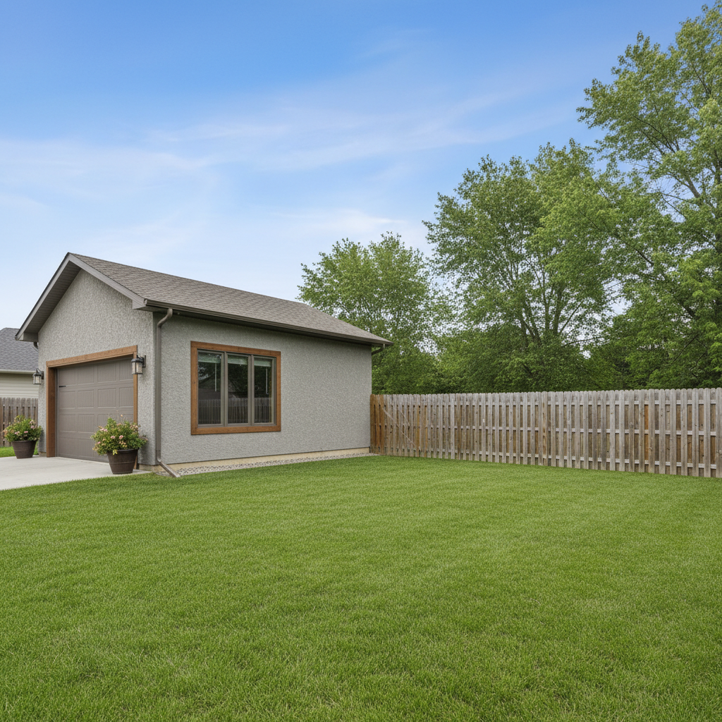 Estetyczny garaż z szarą elewacją, usytuowany na zadbanej działce. Widoczna jest wyraźna, kilkumetrowa przestrzeń trawnika oddzielająca ścianę garażu od drewnianego ogrodzenia symbolizującego granicę działki.