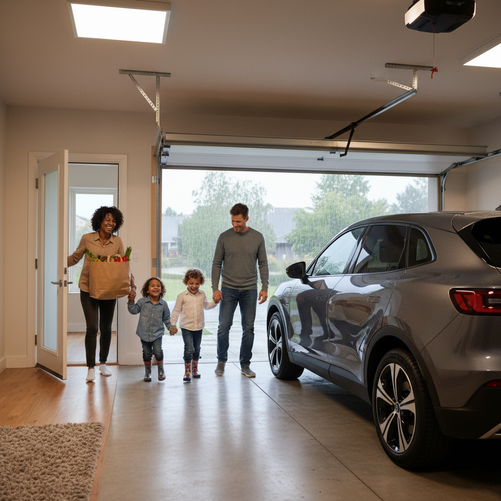 Rodzina z małymi dziećmi w deszczowy dzień, ojciec właśnie zaparkował nowoczesny samochód w jasnym, dobrze oświetlonym garażu połączonym z domem. Matka z uśmiechem przenosi zakupy bezpośrednio do wnętrza domu przez otwarte drzwi, nie martwiąc się o złą pogodę na zewnątrz. Scena podkreśla komfort i bezpieczeństwo.