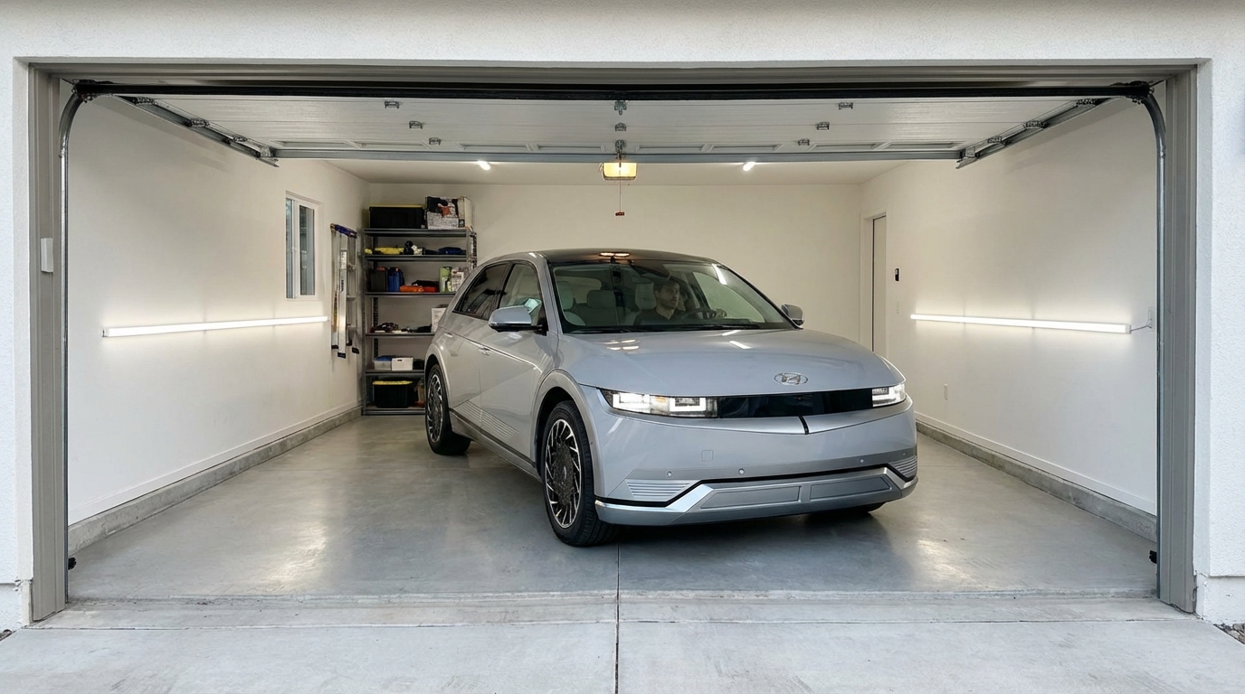 Nowoczesny, jasnoszary SUV wjeżdża do czystego, dobrze oświetlonego garażu jednostanowiskowego. Brama jest szeroka, a po obu stronach samochodu widać wyraźny zapas miejsca, co podkreśla komfort i bezpieczeństwo manewru.
