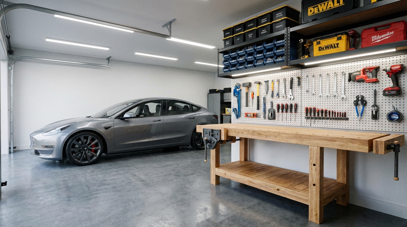 Wnętrze dobrze zorganizowanego, nowoczesnego garażu wolnostojącego, który pełni funkcję warsztatu. Po jednej stronie stoi samochód, a po drugiej widać solidny, drewniany stół warsztatowy z imadłem. Na ścianie za stołem wisi tablica perforowana z uporządkowanymi narzędziami ręcznymi. Na półkach nad stołem stoją pojemniki na śruby i elektronarzędzia. Całość jest jasno oświetlona, czysta i funkcjonalna, co inspiruje do majsterkowania.