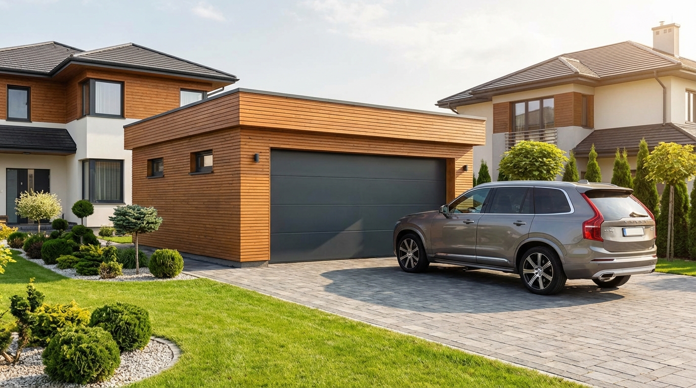 Nowoczesny garaż wolnostojący o prostej, eleganckiej bryle, z drewnianymi akcentami, stojący obok zadbanego domu jednorodzinnego. Przed garażem, na podjeździe z kostki brukowej, zaparkowany jest nowoczesny samochód typu SUV. Dookoła widać starannie utrzymany ogród z zielonym trawnikiem i kilkoma ozdobnymi krzewami. Zdjęcie wykonane w słoneczny dzień, podkreślające harmonię między budynkami a otoczeniem.