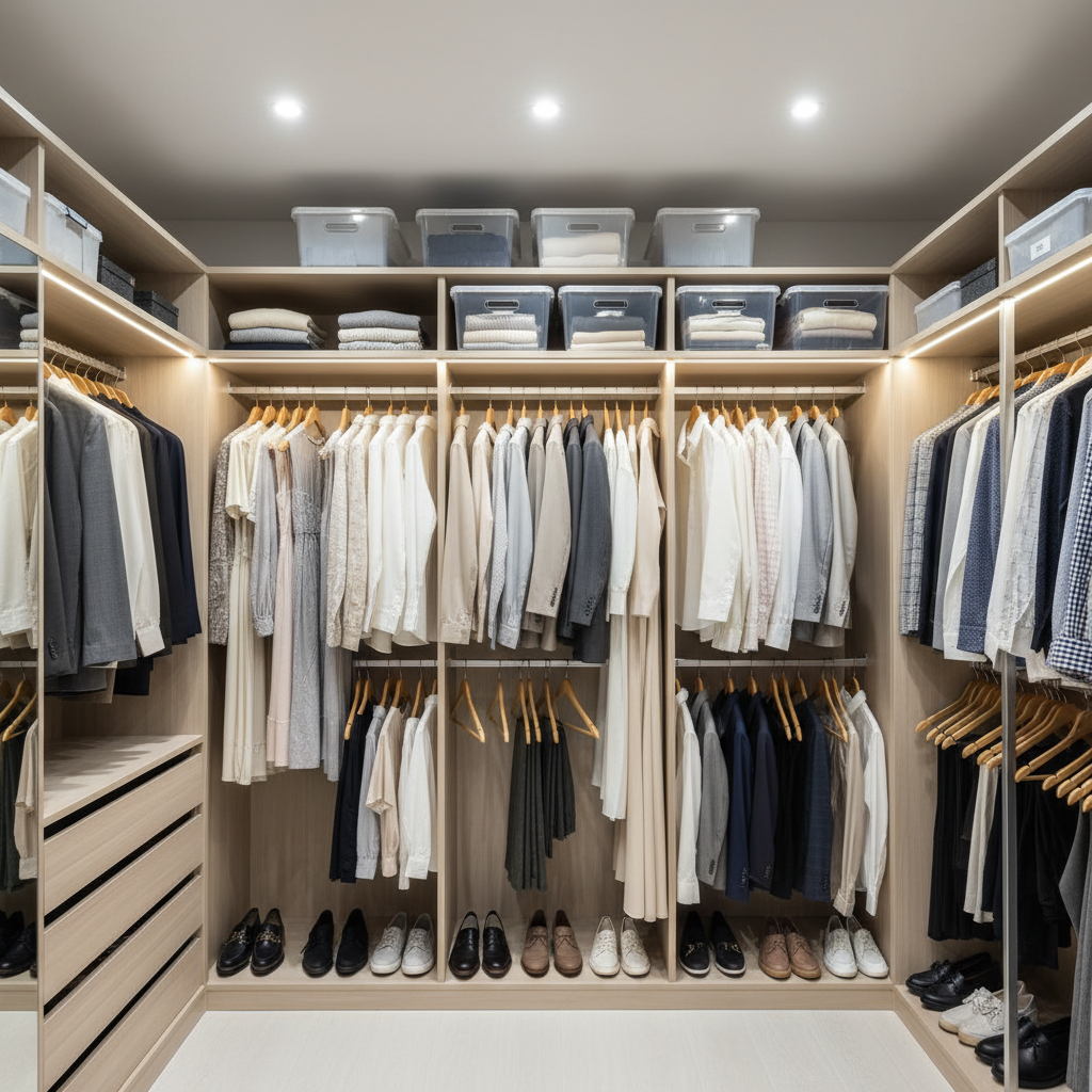 Dobrze oświetlona, nowoczesna garderoba lub wnętrze dużej szafy. Ubrania są schludnie rozwieszone na wieszakach z zachowaniem odstępów. Na półkach widać starannie złożone swetry, a kilka z nich jest umieszczonych w przezroczystych, zamykanych pojemnikach. Panuje tu idealny porządek i wrażenie czystości.