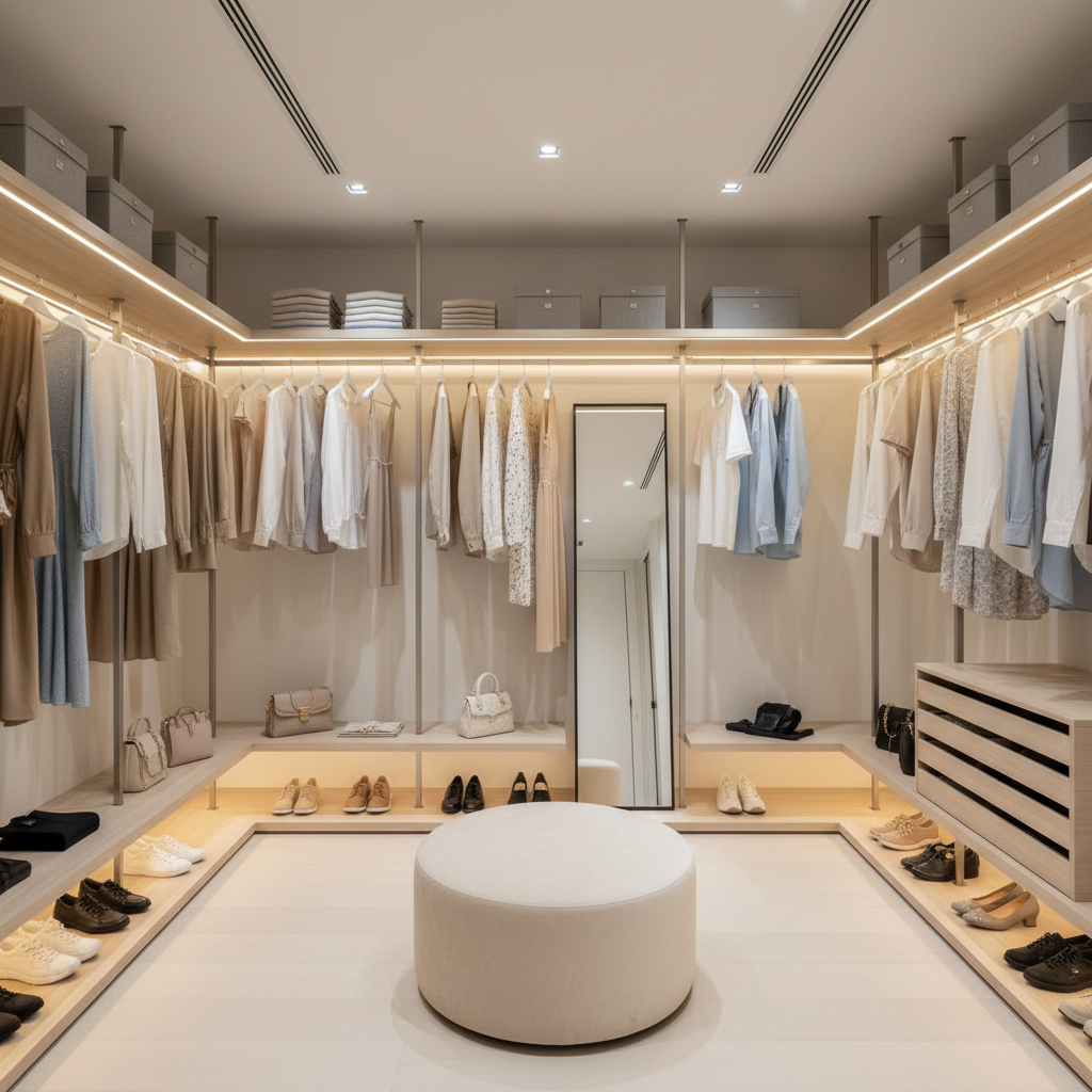 Jasna, przestronna garderoba w stylu minimalistycznym, z idealnie poukładanymi ubraniami na wieszakach i półkach. Centralnie umieszczona pufa lub mała kanapa. Ciepłe, rozproszone oświetlenie LED podkreśla luksusowy charakter wnętrza.