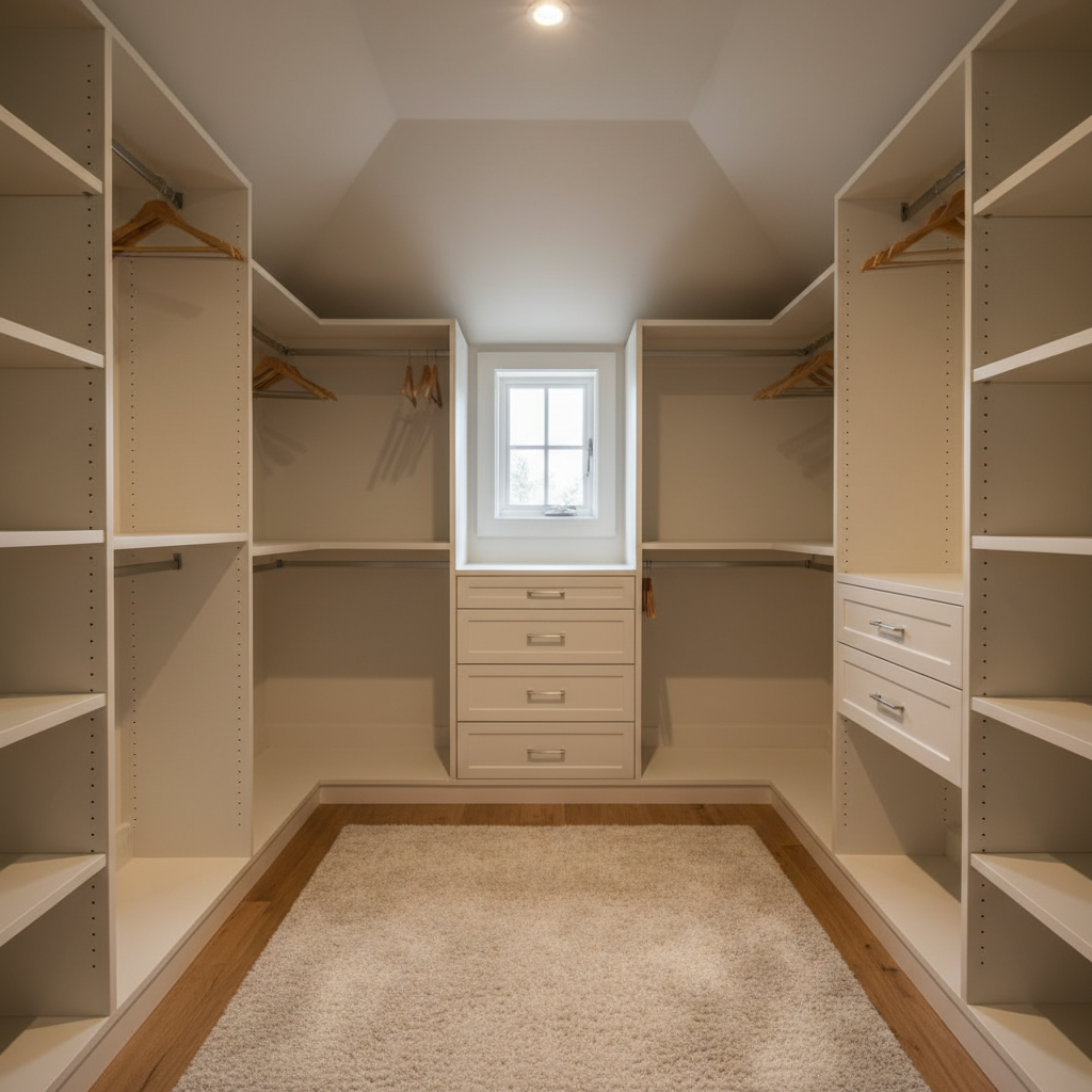 Przytulna i dobrze zorganizowana garderoba zaaranżowana na poddaszu pod skosami dachu. Widać idealnie dopasowaną białą zabudowę meblową z drążkami na ubrania i półkami. Ciepłe światło z małego okna dachowego oświetla wnętrze. Na podłodze leży miękki, jasny dywan.