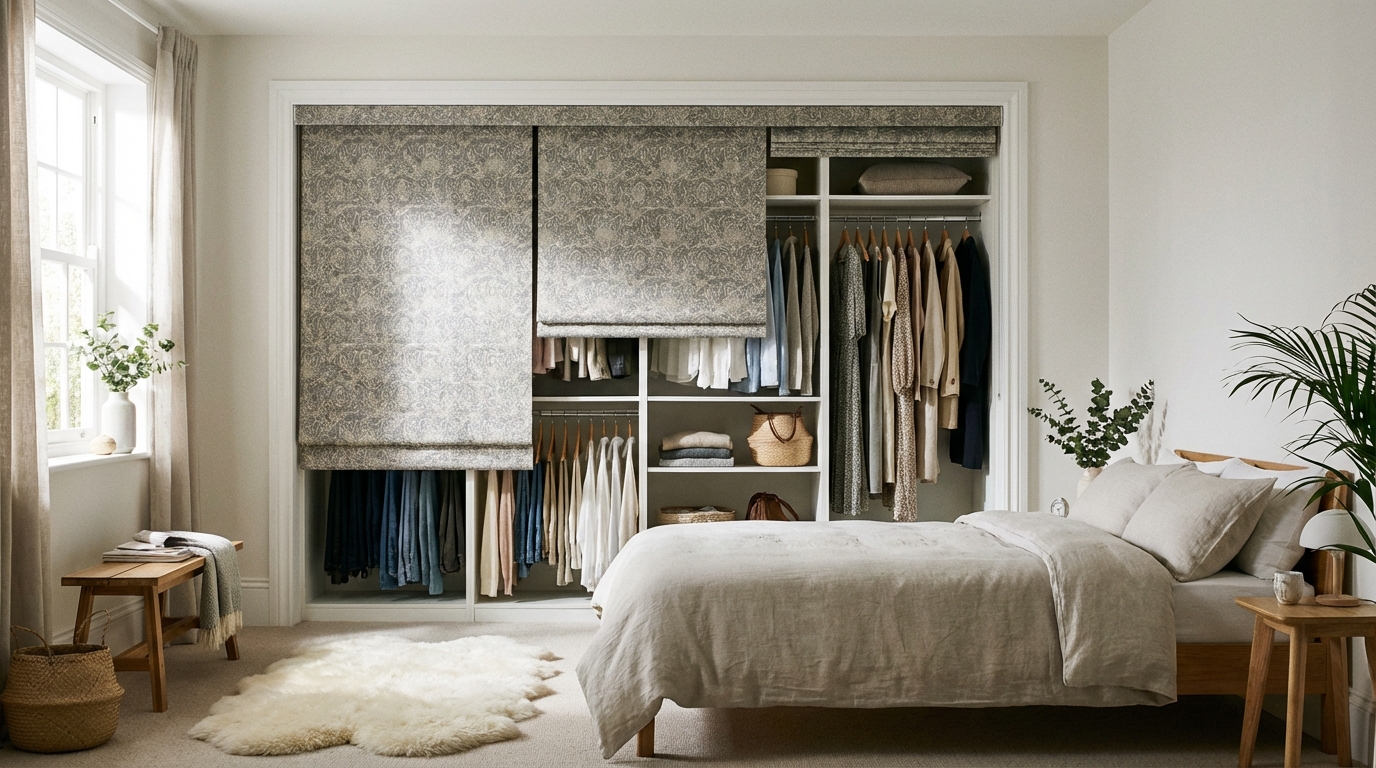 Szerokie ujęcie stylowej, jasnej sypialni w nowoczesnym stylu. Na całej ścianie znajduje się wnęka garderobiana, która zamiast tradycyjnych drzwi jest zasłonięta elegancką, wzorzystą roletą tekstylną w odcieniach szarości i beżu. Roleta jest częściowo zwinięta, subtelnie odsłaniając uporządkowane wnętrze z ubraniami na wieszakach. Światło z okna delikatnie oświetla scenę, podkreślając teksturę materiału i tworząc przytulną atmosferę.