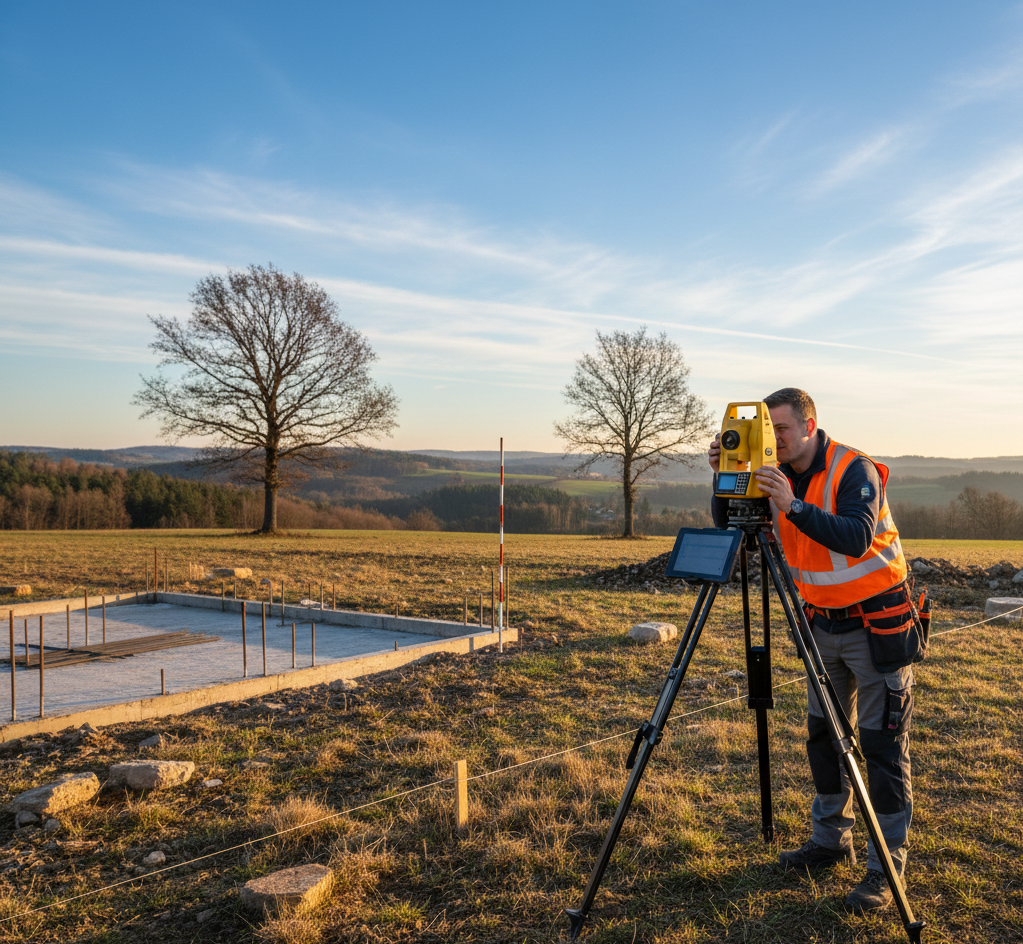 Profesjonalny geodeta w kamizelce odblaskowej, obsługujący nowoczesny, żółty tachimetr na statywie. W tle widać niezagospodarowaną działkę budowlaną z pojedynczymi drzewami i błękitnym niebem. Ujęcie podkreśla precyzję i techniczny aspekt pracy.