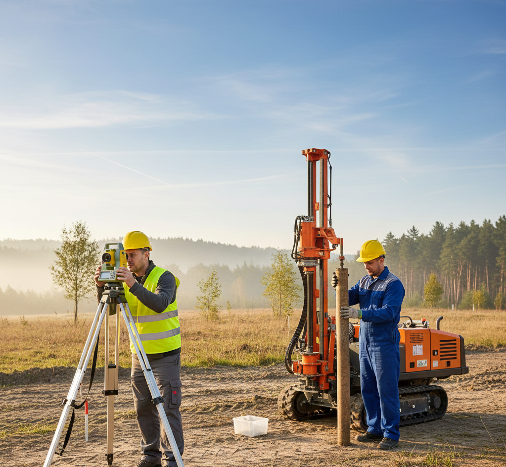 Niewielka, mobilna wiertnica geologiczna na działce budowlanej, z której geolog w kasku i roboczym stroju wyciąga długi rdzeń z próbką gruntu. W tle widać zarys lasu i fragment nieba. Ujęcie skupia się na procesie odkrywania 