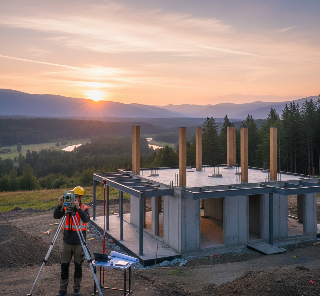 Nowoczesny dom jednorodzinny w stanie surowym otwartym, w tle piękny krajobraz o wschodzie słońca. Na pierwszym planie, lekko z boku, widoczny geodeta z tachimetrem na statywie, wykonujący pomiary. Obraz emanuje profesjonalizmem, spokojem i obietnicą spełnienia marzeń o własnym domu.